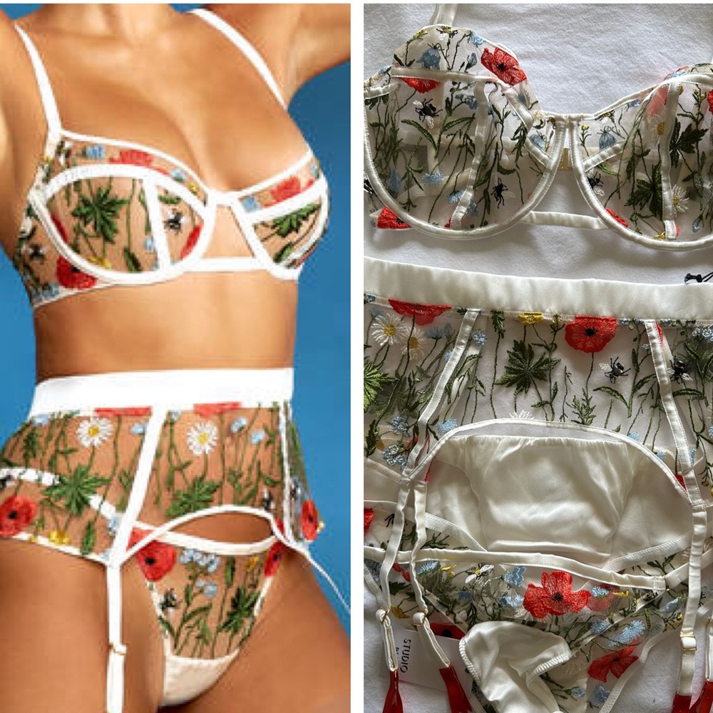 NWT Rare Studio Pia Flora Full White Silk Embroidered Floral Lingerie Set